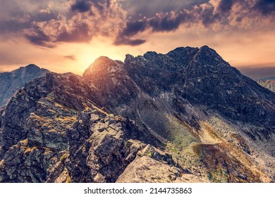 Mountains landcape at sunset. View from Koscielec peak in Tatra mountains, Poland.