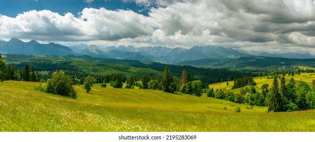 Mountains Landscape With Rolling Hills, Trees And Meadows In Tatras, Poland.