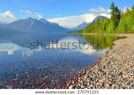 Mountains and McDonald lake in Glacier National Park, Montana in summer