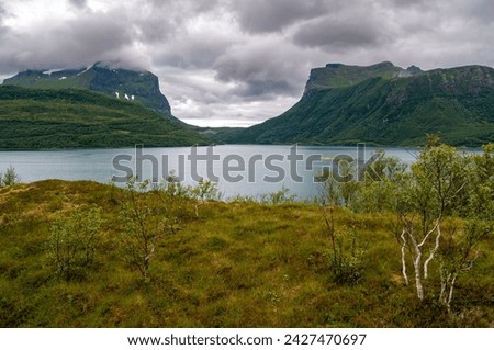 Mountains on the coast in Norway. A fjord with a sea in a cold, inhospitable landscape in the north of Europe.