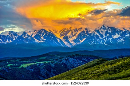 Mountains Peak On Sunset Background