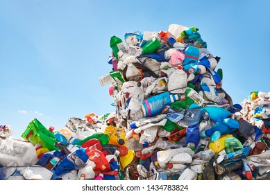 Mountains Of Plastic Rubbish Outdoors At Recycling Factory Near The Dump