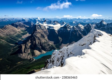 Mountains range view from Mt Temple with Moraine lake, Banff, Rocky Mountains, Alberta, Canada