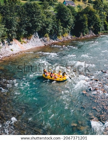 mountains river rafting extreme attraction summertime. copy space