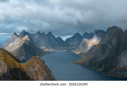 Mountains, Sea And Fjord From Reinebringen Mountain Lofoten Islands, Norway,