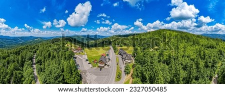 Mountains, Silesian Beskids in summer aerial panorama. View from the Salmopol Pass