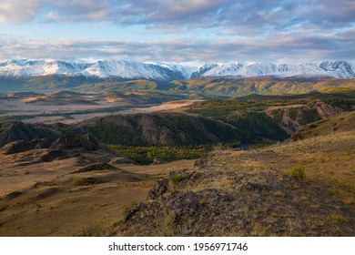 Mountains and steppes of Altai at dawn