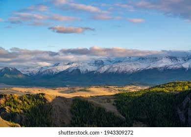 Mountains and steppes of Altai at sunset
