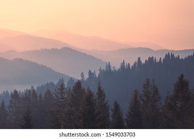 Mountains at sunrise. Colorful Carpathian mountain hills with tonal perspective at majestic autumn morning. - Powered by Shutterstock