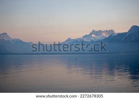 mountains at sunset, blue alps, mountains and lake leman, lake leman at sunset