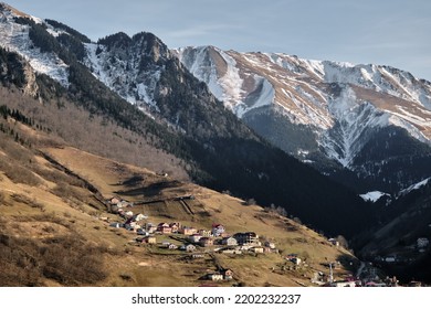 The Mountains And The Valley With The Snow. The View Of The At Trabzon Village In Turkey.