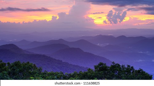 Mountaintop View Of Rolling Hills In The Blue Ridge Mountains In North Georgia, USA.