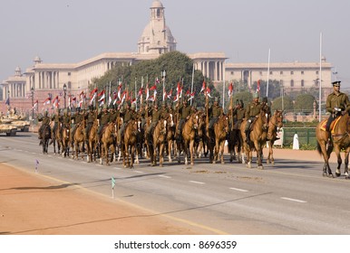 Mounted Soldiers Parading Down The Raj Path, New Delhi In Preparation For The Republic Day Parade