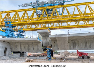 Mounting The Last Concrete Element Of The Crown Princess Mary Bridge , Frederikssund, Denmark, May 3, 2019