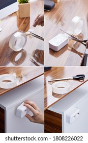 Mounting Tape Instruction In Photos. Clear Double Sided Adhesive Tape Can Stick Together Wood And Plastic, Glass And Paper. White Plastic Socket Is Mounting To Wooden Surface By Sticky Tape.