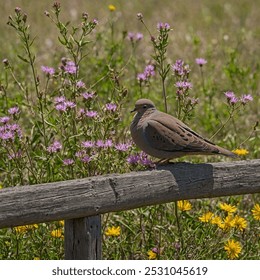 A mourning dove perches gracefully on a wooden fence, its soft gray-brown plumage blending harmoniously with the natural surroundings. - Powered by Shutterstock