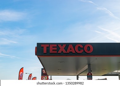 Mouscron,BELGIUM-March 24,2019: View of Texaco petrol stations.Texaco is an American oil subsidiary of Chevron Corporation,dealing in the distribution and sale of automotive fuels and oils.