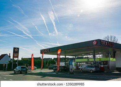 Mouscron,BELGIUM-March 24,2019: View of Texaco petrol stations.Texaco is an American oil subsidiary of Chevron Corporation,dealing in the distribution and sale of automotive fuels and oils.