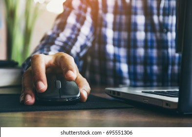 Mouse Click, Man Hand With Mouse And Laptop