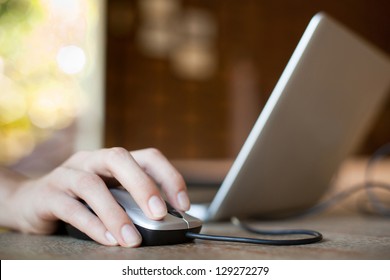 Mouse Click, Woman Hand With Mouse And Laptop