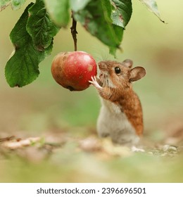 Mouse eating fresh apple in tree