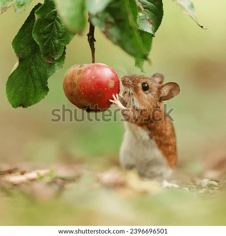 Mouse eating fresh apple in tree
