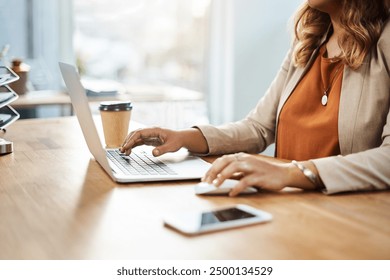 Mouse, laptop and hands of person in office, business article and news research for publication on desk. Technology, connection and digital of content writer for online blog, typing and information