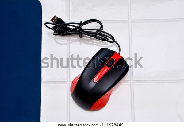 mouse lies on the rug, the user clicks on the\
mouse with a computer