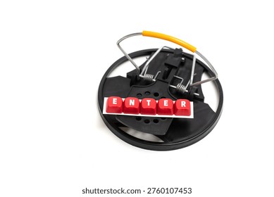 Mouse trap with enter key symbolizing risky action, digital trigger and unintended consequences from careless input.