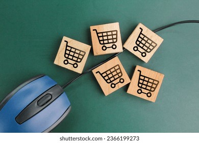 mouse and wooden cube with cart icon. online shopping concept. Online shopping and business concept. improve sale income, strategy marketing concept. - Shutterstock ID 2366199273