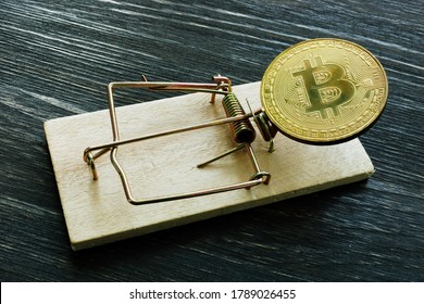 Mousetrap And Bitcoin Coin. Cryptocurrency Scam Or Fraud Concept.