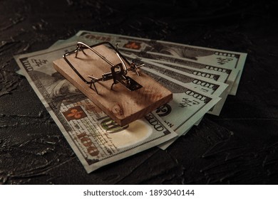 Mousetrap With Free Bait And Dollar Bills. Trap, Money Scam Concept