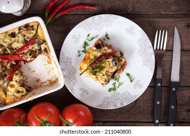 Moussaka Dish With Aubergine And Chili Pepper, Traditional Mediterranean Food