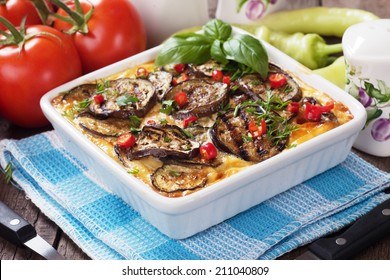 Moussaka Dish With Aubergine And Chili Pepper, Traditional Greek Meal