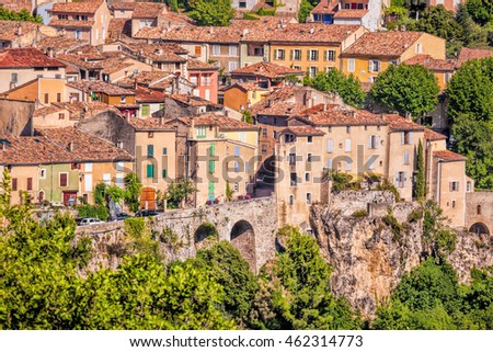 Moustiers Sainte Marie village on the rock in Provence, France