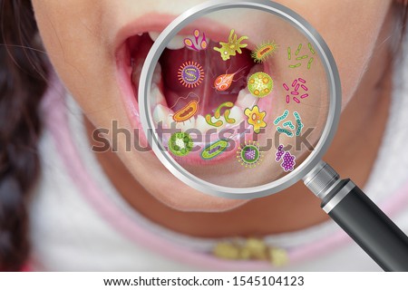 Mouth bacteria and diseases in magnifying glass, dental hygiene