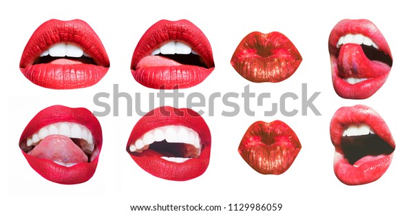口のアイコン 白い背景に赤い口紅を持つセクシーな女性の唇 白い歯 美しい若い女性の舌 赤い唇に誘惑的な女性の口が開く 異なる官能的な女性の唇セット の写真素材 今すぐ編集