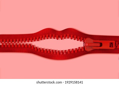 Mouth made of red zipper on pink background - Concept of violence against women and communication issues