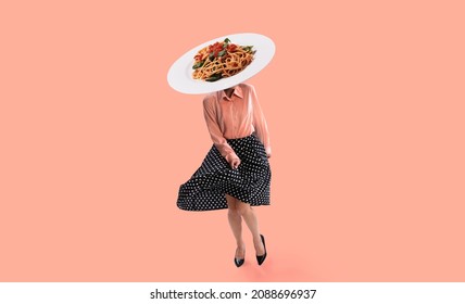 Mouth watering carbonara. Contemporary art collage. Young girl in attire of 70s, 80s fashion style with plate of noodles instead head dancing isolated on pink background. Concept of creativity, food