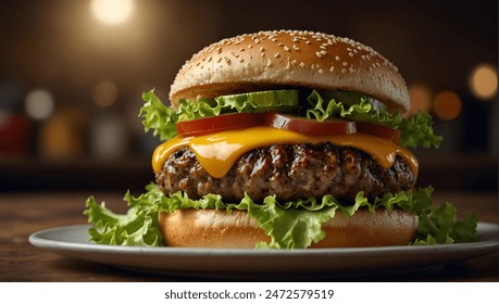 Mouth watering cheesy, cheese beef burger with a lettuce, tomato, and cheese inside  - Powered by Shutterstock