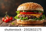 A mouth-watering cheeseburger with a juicy beef patty, melted cheese, fresh lettuce, and ripe tomato slices, all perfectly stacked in a sesame seed bun. The rustic wooden background adds to the appeal