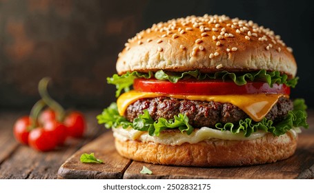 A mouth-watering cheeseburger with a juicy beef patty, melted cheese, fresh lettuce, and ripe tomato slices, all perfectly stacked in a sesame seed bun. The rustic wooden background adds to the appeal - Powered by Shutterstock