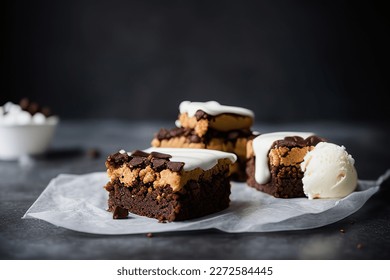 A mouthwatering chocolate brownie in close up macro with vanilla ice cream, dark chocolate sauce,