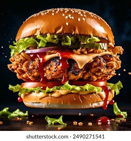 Mouth-Watering Gourmet Crispy Chicken Burger with Fresh Lettuce, Bacon, and Melted Cheese on a Sesame Seed Bun - Powered by Shutterstock