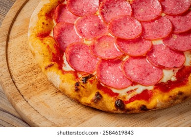 A mouthwatering pepperoni pizza is presented on a rustic wooden board, showcasing a perfectly baked crust, vibrant red sauce, and generous slices of spicy pepperoni, enticing any pizza lover.