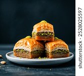 A mouthwatering plate of traditional Turkish baklava. Layers of flaky pastry are filled with chopped pistachios and drenched in a sweet syrup, creating a decadent and irresistible treat.