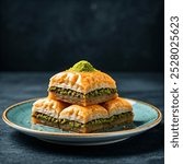 A mouthwatering plate of traditional Turkish baklava. Layers of flaky pastry are filled with chopped pistachios and drenched in a sweet syrup, creating a decadent and irresistible treat.