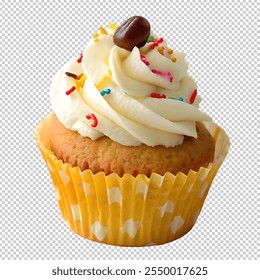 A mouthwatering vanilla cupcake topped with swirls of creamy frosting, decorated with colorful sprinkles and a coffee bean garnish. - Powered by Shutterstock