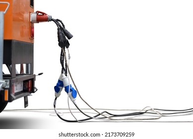 movable diesel electric generator on trailer with plugged wires is isolated on white background - Shutterstock ID 2173709259