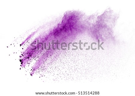 Movement abstract frozen dust explosion purple on white background. Stop the movement of purple powder on a white background.